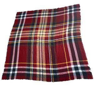 Plaid Square Fringe Blanket Scarf Womens OS Multicolor Neck Wrap Red Blue White